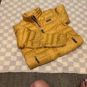 Patagonia down sweater:  Gold + Navy
